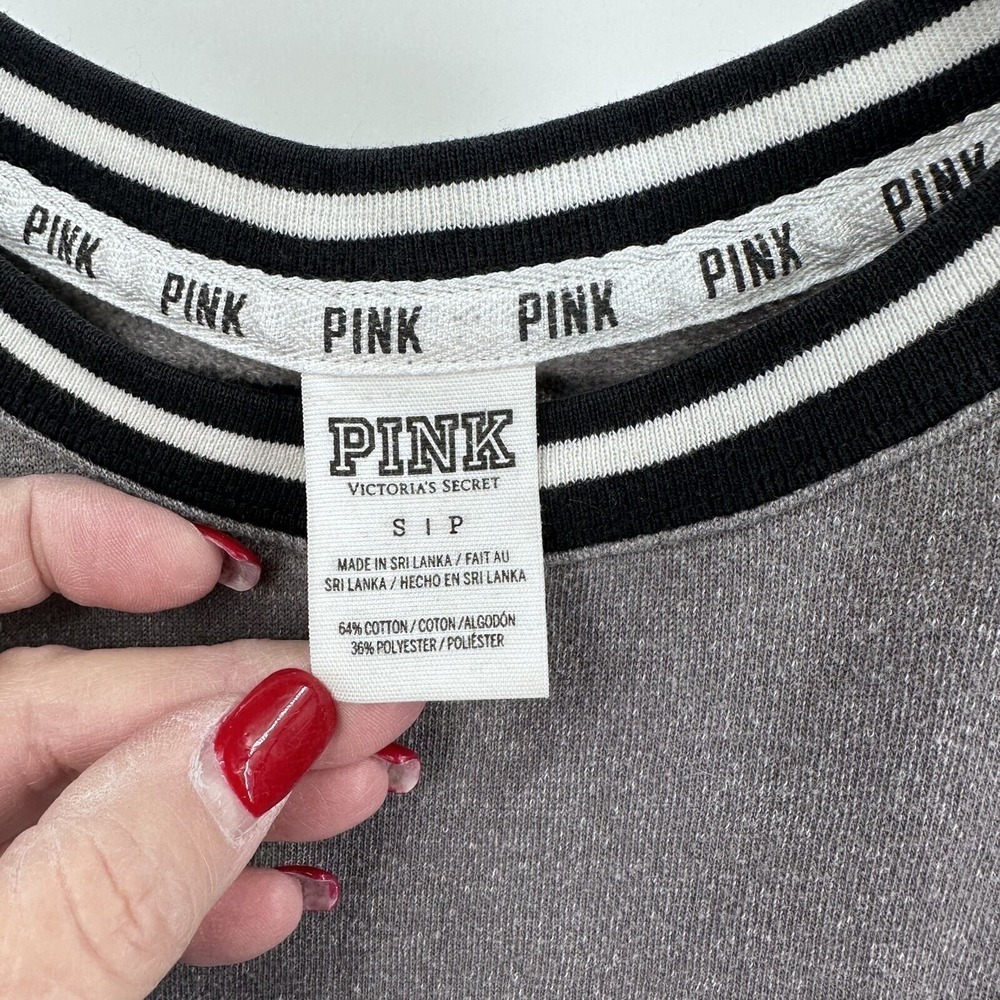 PINK Victoria's Small Secret Gray Varsity Long Sleeve Jersey Tee Shirt  Dog Logo - Picture 6 of 8